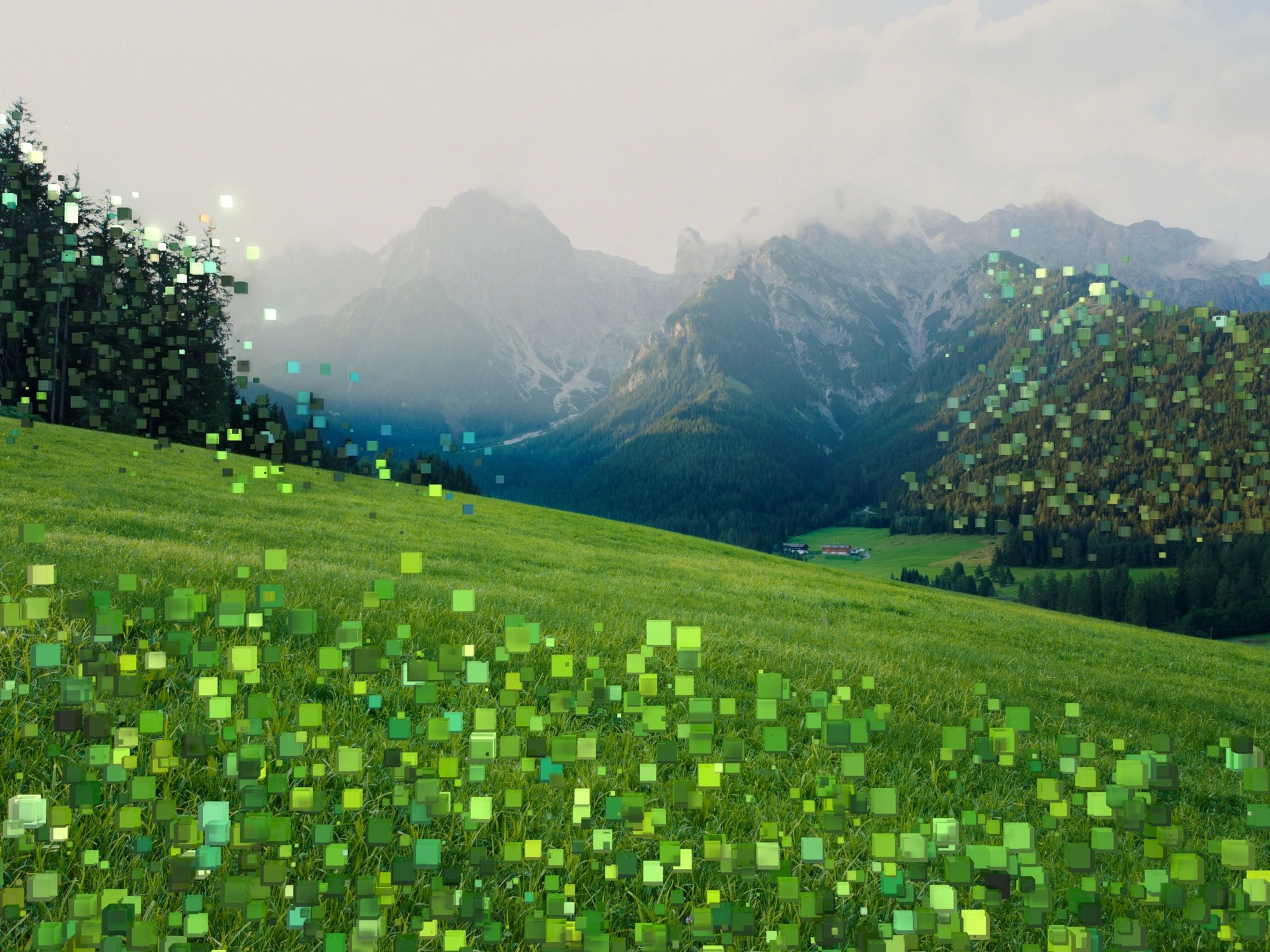 Mountain valley landscape with a digital sustainability overlay